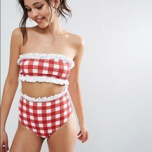 Two piece red gingham ruffle swimsuit